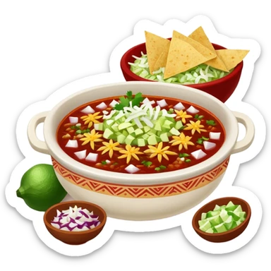 A delicious hot bowl of pozole rojo with separate sides next to the bowl: white chopped onions, green shredded cabbage, lime wedges, red chile de arbol salsa, and round tostadas sticker