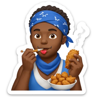 black man eating fried chicken with blue bandana and cigarette in teeth. Create this emoji in apple emojis style sticker