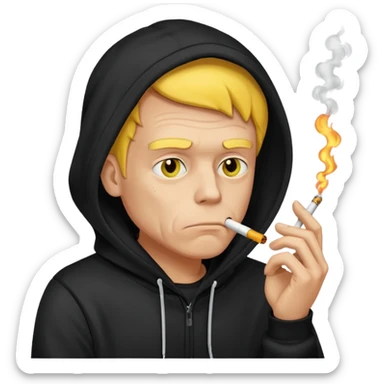 A sad yellow man🫩 in a black hoodie 🎱 smoking a cigarette 🚬 sticker