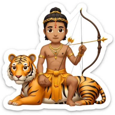 Ayyappa sitting on tiger with bow and arrow and wearing a gold and king dress sticker