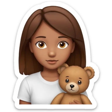 A Girl with Brown hair and Brown eyes with a t-shirt White. The t-shirt have dels a Teddy bear sticker