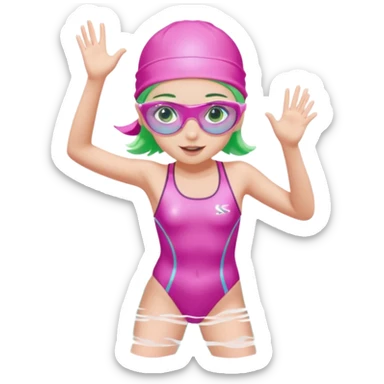 pretty girl with green eyes pink swim cap holographic swimming glasses and cute profesional swimmer pink swimsuit jumping in water sticker