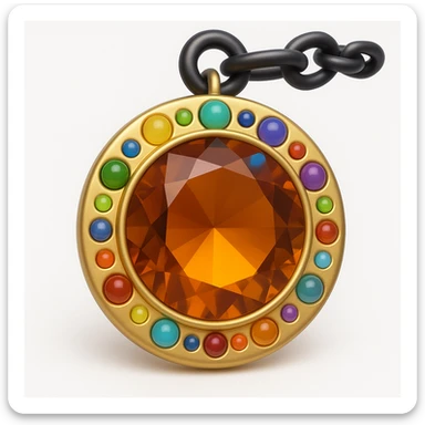 Transform this into a charm: add a black chain attached to the top and small colorful gemstone accents around the main amber gem, keep the 3D emoji style sticker