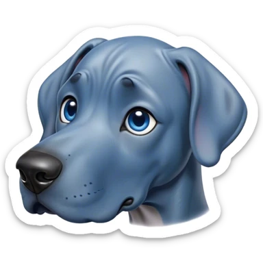 Cinematic Cute Blue Great Dane Portrait Emoji, Head tilted playfully and inquisitively, featuring a glossy blue Fur with a refined sheen, round, sparkling steel-blue eyes filled with curiosity, Simplified yet irresistibly adorable features, highly detailed, glowing with a warm, friendly glow, high shine, affectionate and gentle, stylized with a touch of whimsy, bright and endearing, soft glowing outline, capturing the essence of a mischievous yet loving pup, so playful it feels like it could lumber out of the screen and into your arms! sticker