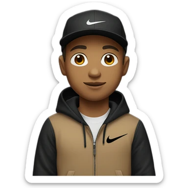 light brown boy with hair until his ears wearing a black nike cap and nike hoodie and black pants sticker