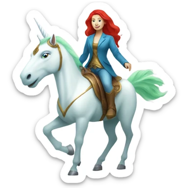 [(a light green Amazon alien woman with red hair with blue eyes) on a (four-legged white unicorn)] sticker