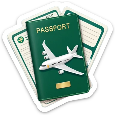 dark green passport with long white airline tickets sticking out, emoji style sticker