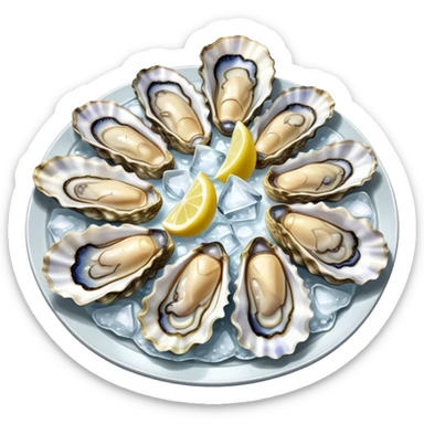 Cinematic fresh oysters on the half-shell, glistening with seawater, served with lemon wedges and ice, soft glowing highlights, elegant and luxurious. sticker
