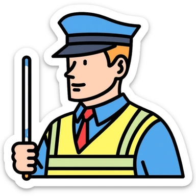 Russian traffic police officer with reflective vest, blue uniform, peaked cap, directing traffic with striped baton sticker