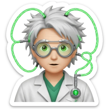 Appearance: Wild silver hair crackling with static electricity, goggles with flickering green lenses, lab coat with glowing circuit patterns.
Vibe: A time-bending genius obsessed with harnessing electricity and temporal flux. sticker