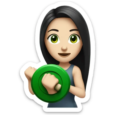 Beautiful pale woman with long black hair and green eyes lifting weights sticker