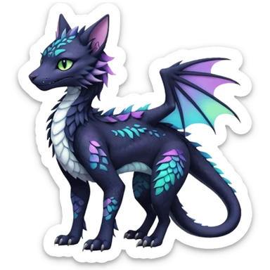 Kawaii black pastel iridescent beautiful pretty elegant divine edgy fantasy feline-vernid-sergal-Haku-dragon-fursona animal creature, full body with intricate markings  sticker
