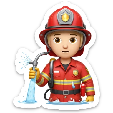 A 3D Apple-style emoji character dressed as a firefighter in a bright red uniform and helmet, holding a fire hose spraying water forward, determined expression with cartoonish eyes, water splashing effect, clean minimal background sticker