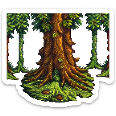 moss at the bottom of a tree trunk, pixel art style, blocky shapes, vibrant green and brown palette sticker