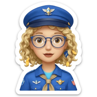 scout girl with blue scout uniform including hat, blonde curly haired and glassess sticker