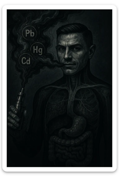 A stylized and unsettling electronic cigarette releasing dark metallic smoke filled with toxic particles. Within the smoke, symbols of heavy metals (Pb, Hg, Cd) travel towards a transparent human body. Inside the body, the liver and intestines appear blackened or visibly clogged. The atmosphere is dark, medical-symbolic style with cold metallic colors, conveying a strong and disturbing visual message. The face is inspired by the reference photo provided. sticker
