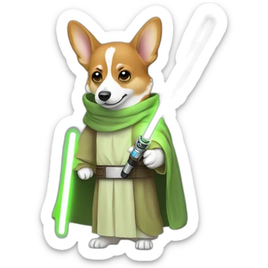 Corgi dress as yoda with one light saber green sticker