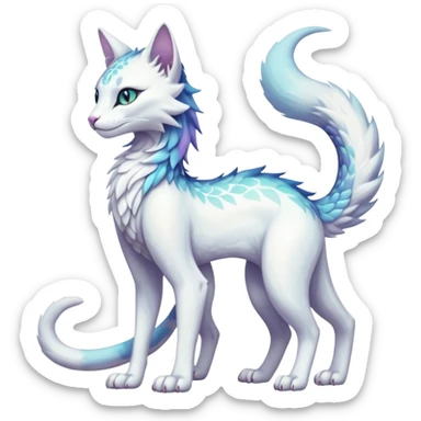 Kawaii white iridescent beautiful pretty elegant divine edgy fantasy feline-vernid-fionbri-sergal-fursona animal creature with a tufted tail full body with intricate markings  sticker