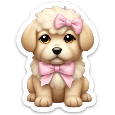 pouty fluffy fat pale tan puppy with pale pink bow sticker