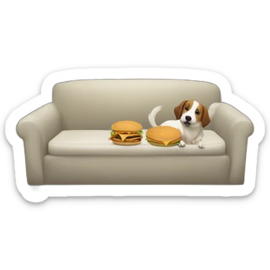 chien qui mange un hamburger avec un chien sur le canapé dans une maison avec une fenêtre en arrière plans  sticker