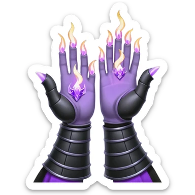 A Discord emoji of a pair of black armored gauntlets holding a flickering violet flame. The hands are positioned as if offering a gift. Dark gothic fantasy, glowing magical effects, high contrast, 2D vector style, white background. sticker