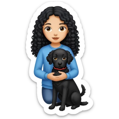 A girl with long black curly hair is holding a black Labrador. sticker