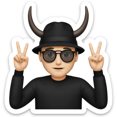 man dressed in black with dark glasses black Lens and a black hat making the horns gesture with both fingers hands sticker