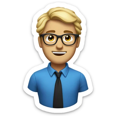 a nerd, with dirty blonde hair, blue and black glasses, with a devious smirk on his face sticker
