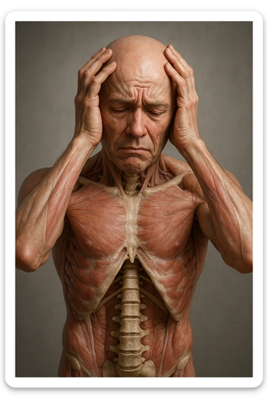 CORPO UMANO ANATOMICO con spina dorsale in evidenza, molto stanca e stressata mentre si tiene le mani sulla testa, IPERREALISTICO 4K sticker