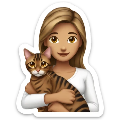 woman long brown hair hug bengal cat sticker