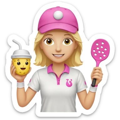 Happy Yellow Pickle Ball with blond hair, wearing a white baseball cap. holding a pink pickleball paddle in one hand and cup of coffee in the other hand. sticker