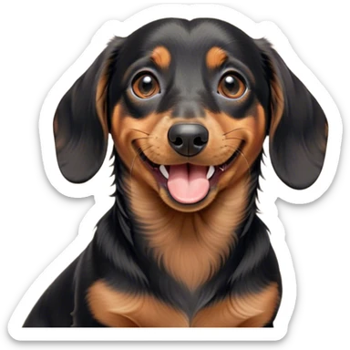 Cinematic Cute Yawning black and tan Dachshund Portrait Emoji, Head tilted slightly with a dramatic, wide-open yawn, showcasing a smooth black and tan coat with a subtle luster, floppy ears slightly drooping, round brown eyes barely open in drowsy contentment, Simplified yet irresistibly adorable features, highly detailed, glowing with a soft, cozy glow, high shine, relaxed yet expressive, stylized with a touch of whimsy, bright and endearing, soft glowing outline, capturing the essence of a sleepy yet affectionate companion, so drowsy it feels like it could stretch right out of the screen and curl up for a nap! sticker