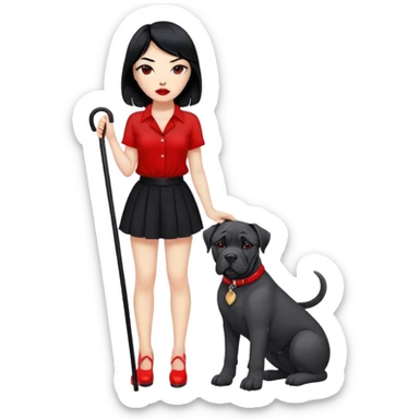 Fashionable girl with black hair and red lips with a Cane Corso dog sticker