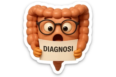 EMOJI STILE IPHONE DI UN INTESTINO CON GLI OCCHIALI CHE LEGGE UN FOGLIO CON LA SCRITTA DIAGNOSI, ESPRESSIONE STUPITA IN VOLTO, IPERREALISTICO 4K sticker