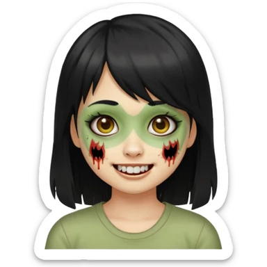 Girl with black hair and raccoon blonde streaks, bangs, light skin, zombie version, pale green skin, emoji style. sticker