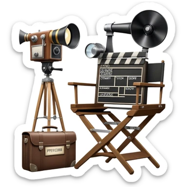 Icon for Directing: a director's chair, a film clapperboard, large movie camera, vintage megaphone and a stage with a spotlight. The icon should represent the creative and organizational aspects of directing, with focus on storytelling, staging, and performance. Transparent background. sticker