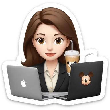 Women in front of one laptop that has a Mickey sticker on it, with a happy face, face a little fuller, lips plump, full eyebrows, long brown hair, light brown big eyes, light pale skin with a iced coffee on the side, business attire, who is typing sticker