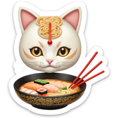 Maine coincide cat orante anda White, With a ramen, anda a clip With sushi form on the head sticker