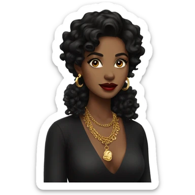 girl with medium wavy curly black hair, dark eyes, gold earrings and necklace and bold lips sticker