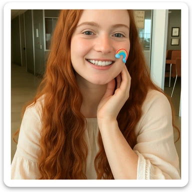 21 years old girl with red head using sticker sticker