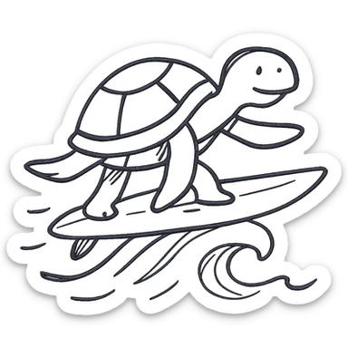 surfing turtle, hand drawn icon style, sketchy lines, whimsical sticker