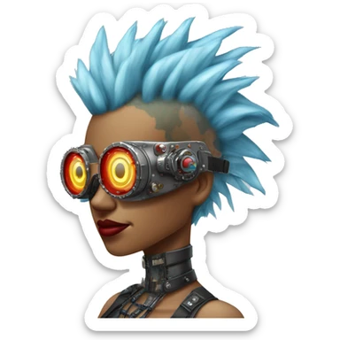 Light blue Mohawk hair female cyborg head with red steampunk goggles and circuits sticker