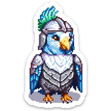 colorful budgie (muhabbet kuşu) wearing a knight's helmet, pixel art style sticker