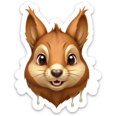 Realistic squirrel head with long pointed ears, distinctive squirrel face shape, and extremely large visible drool dripping from mouth, multiple drool streams hanging down sticker
