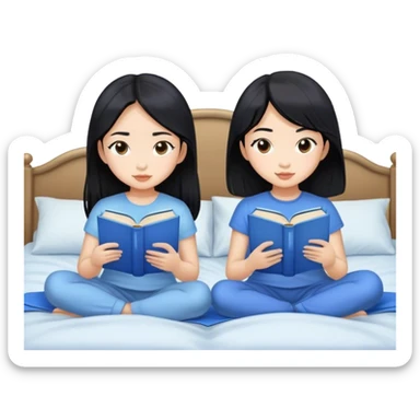 two asian girls black hair on the bed reading blue books sticker