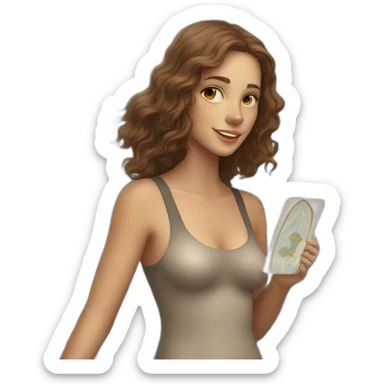 A wavy brown haired girl with a surfboard and deck of tarot cards sticker