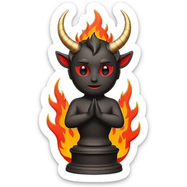 Minimalist emoji-style sticker of an Oscar-like statue with horns and fire at the base, thick black and red colors, silhouette style sticker