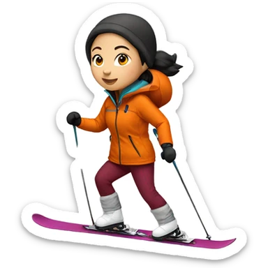 Asian girl skiing with orange jacket and burgundy pants sticker
