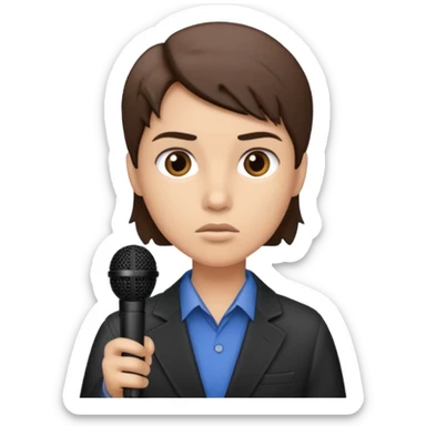 a journalist with a microphone sticker