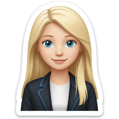 A white girl with long straight blonde hair, blue eyes and a white dress with a smiling black jacket sticker